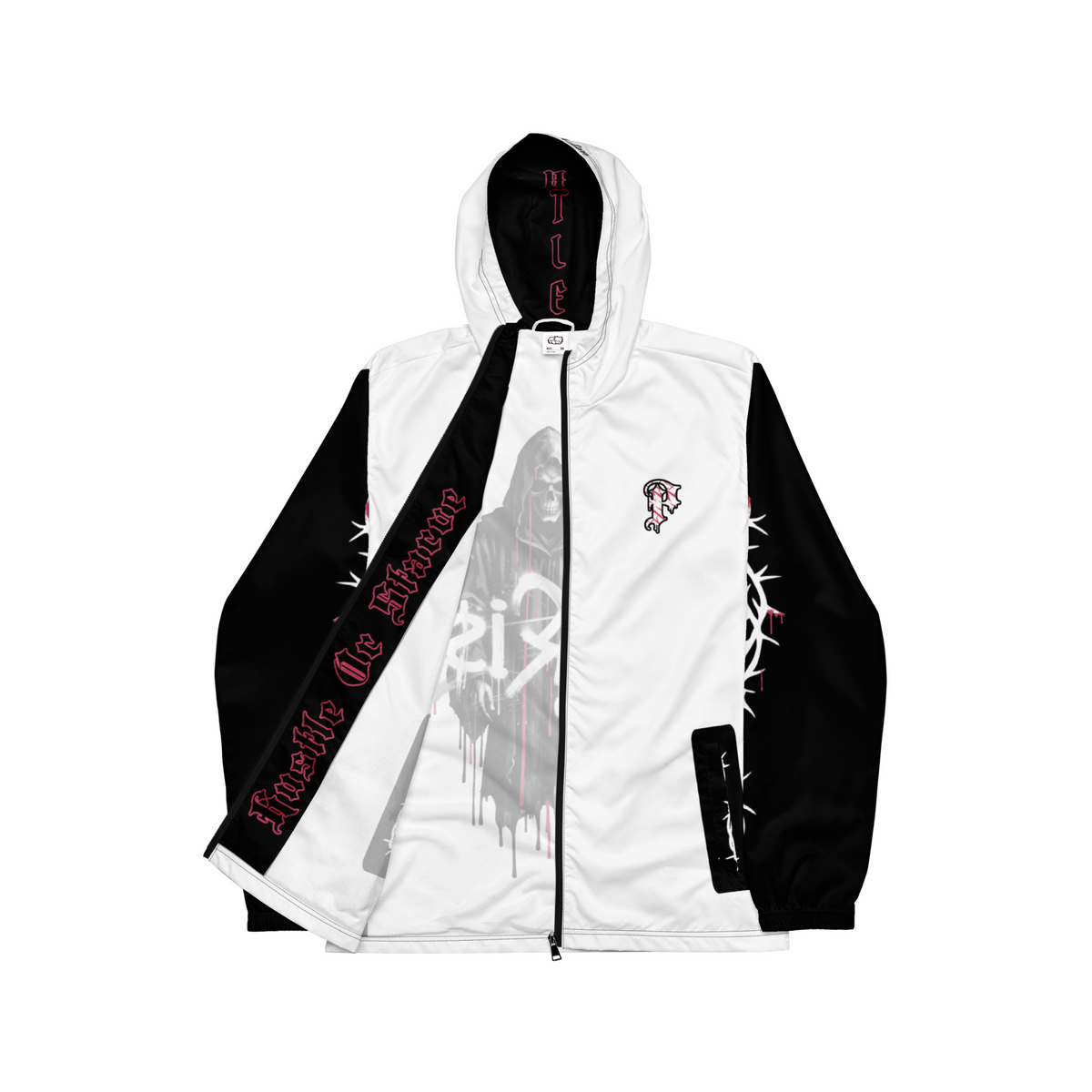 PARI$ CLOTHING HU$TLE WindBreaker – B&W W/Magenta open front view premium streetwear jacket