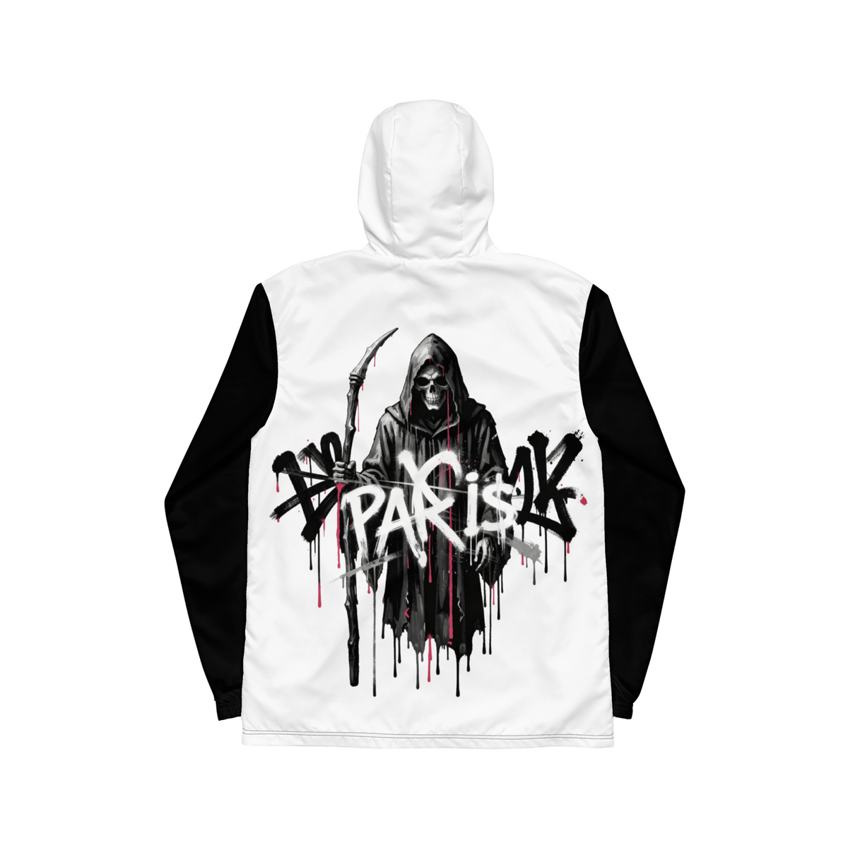 PARI$ CLOTHING HU$TLE WindBreaker – B&W W/Magenta back view premium streetwear jacket