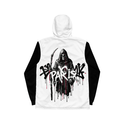 PARI$ CLOTHING HU$TLE WindBreaker – B&W W/Magenta back view premium streetwear jacket